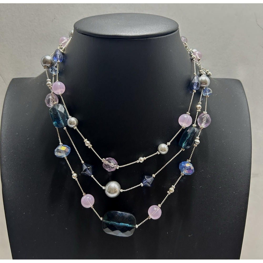 Chico's Multi-Strand Necklace Blue Pink Faceted Glass Beads Silver‎ Toned 16" L
